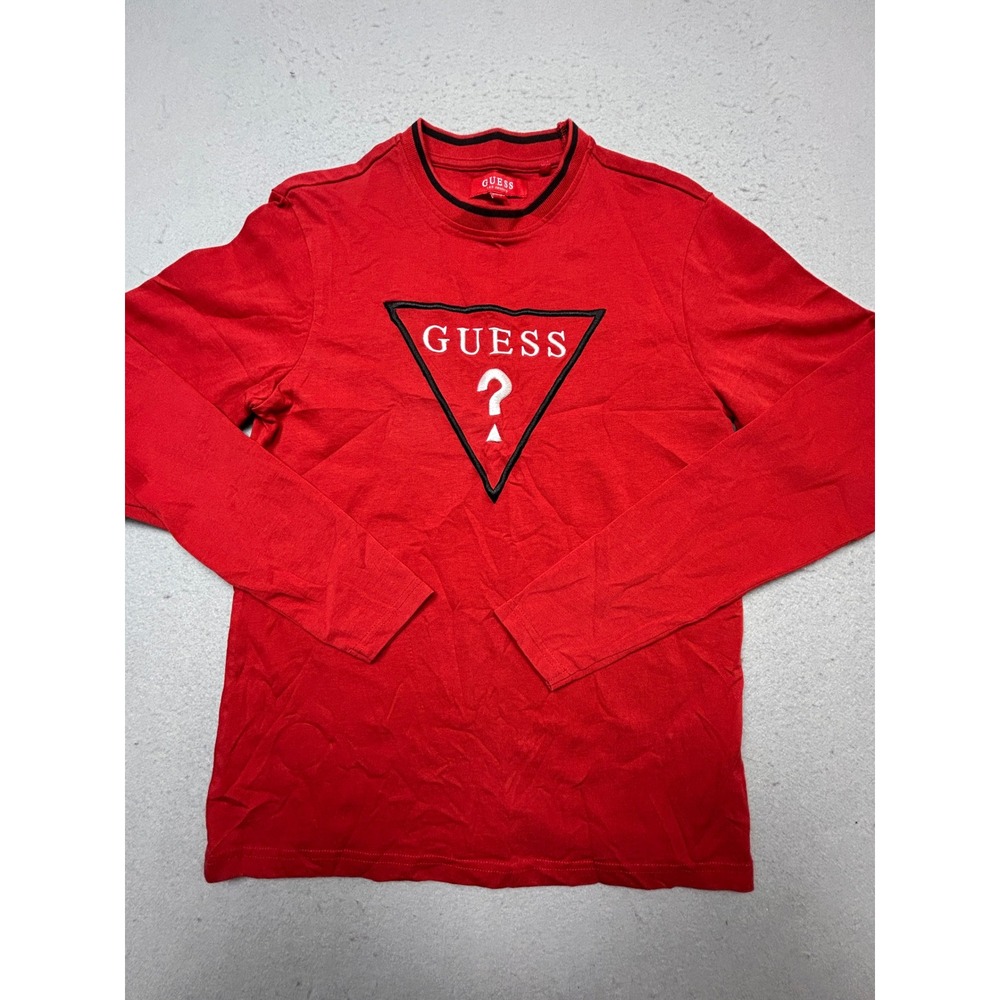 GUESS Long Sleeve T Shirt Cotton Red Small Mens